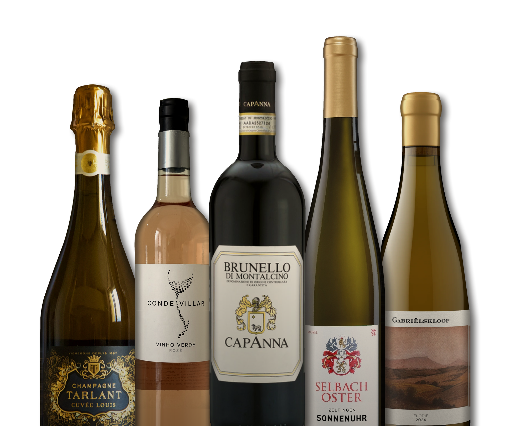 Champagne Tarlant Cuvée Louis, Conde Villar Vinho Verde Rosé, Capanna Brunello di Montalcino, Selbach-Oster Zeltinger Sonnenuhr Riesling GG, Gabriëlskloof Elodie